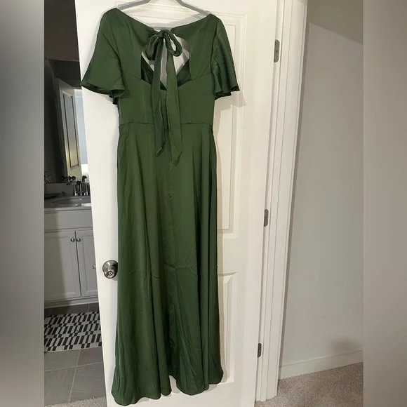 AZAZIE KIMBER Olive A-Line Ruched Stretch Satin Dress - Picture 6 of 10